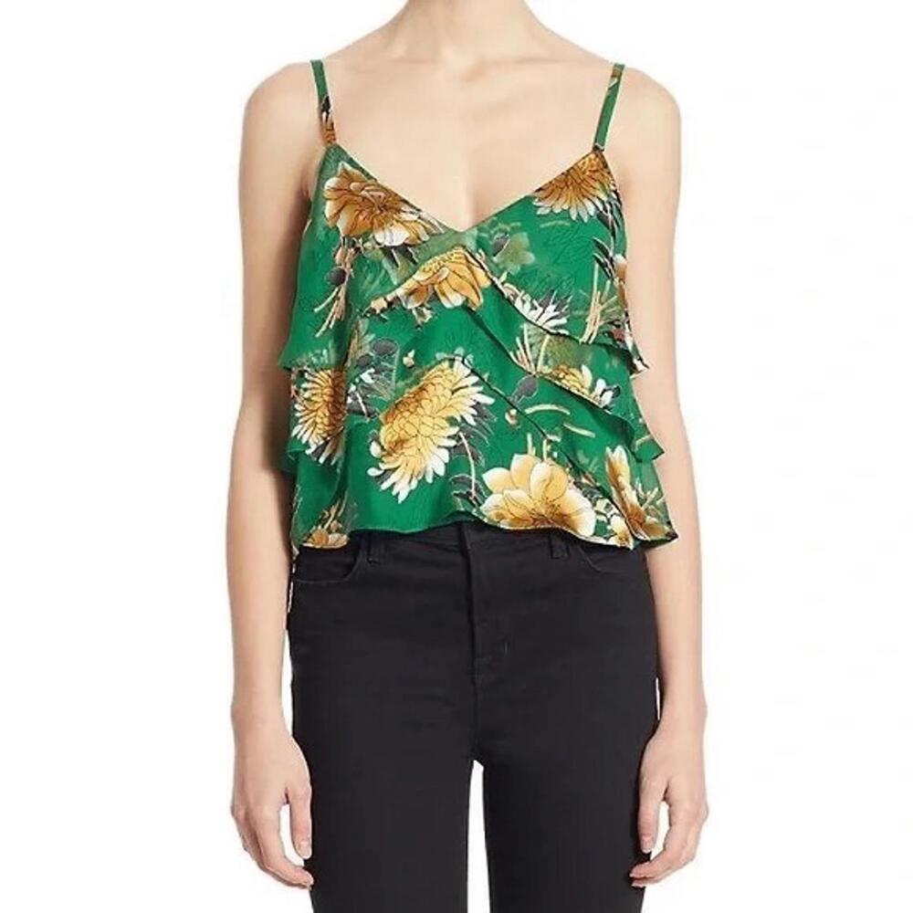 Alice + Olivia Vanessa Tiered Camisole Top Green Floral Ruffle Silk Blend XS